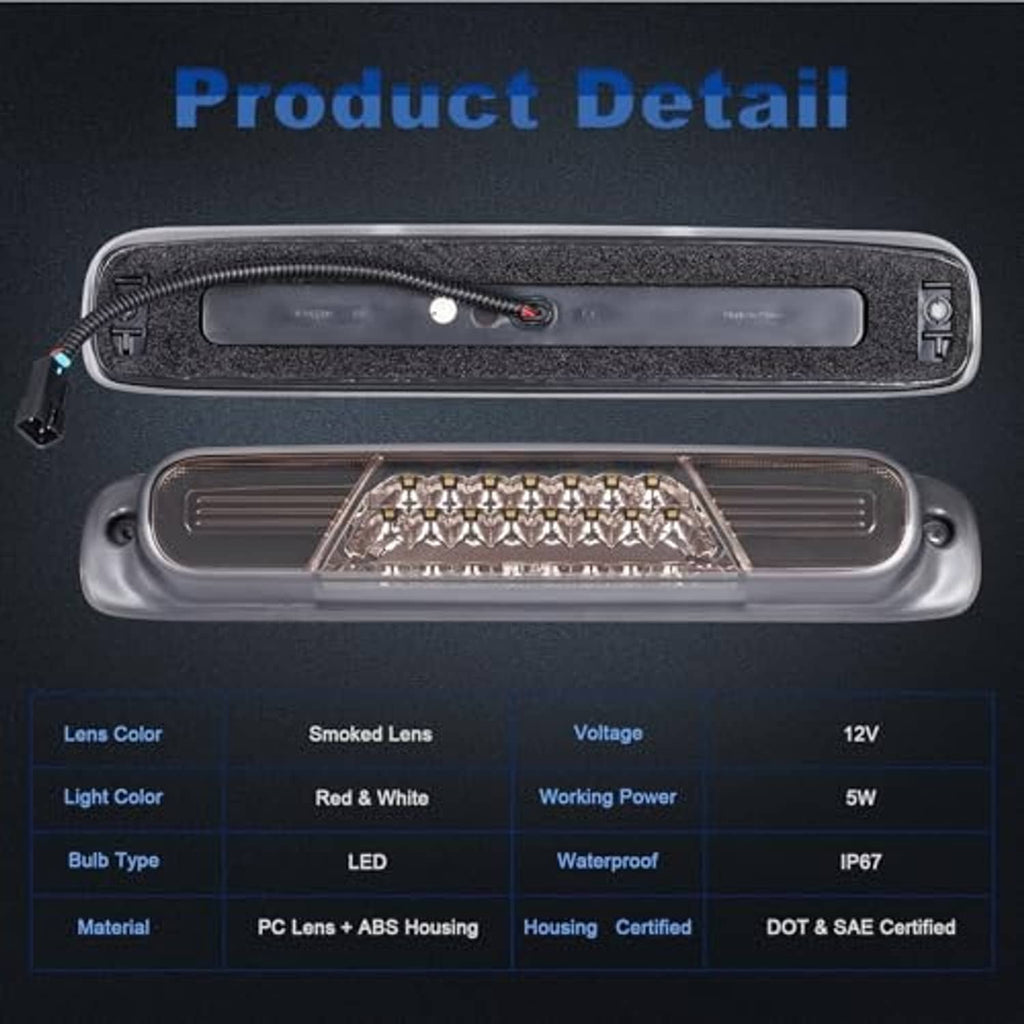 LED third brake light assembly with smoked lens, red-and-white LED light bar.