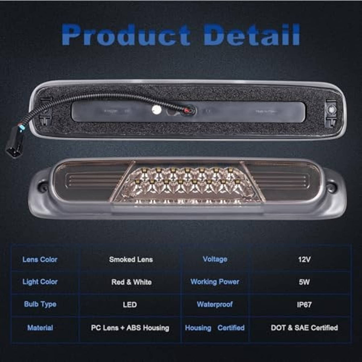 LED third brake light assembly with smoked lens, red-and-white LED light bar.