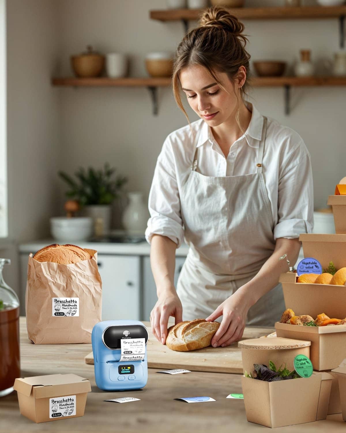 Blue portable thermal label printer on a worktable with printed label rolls