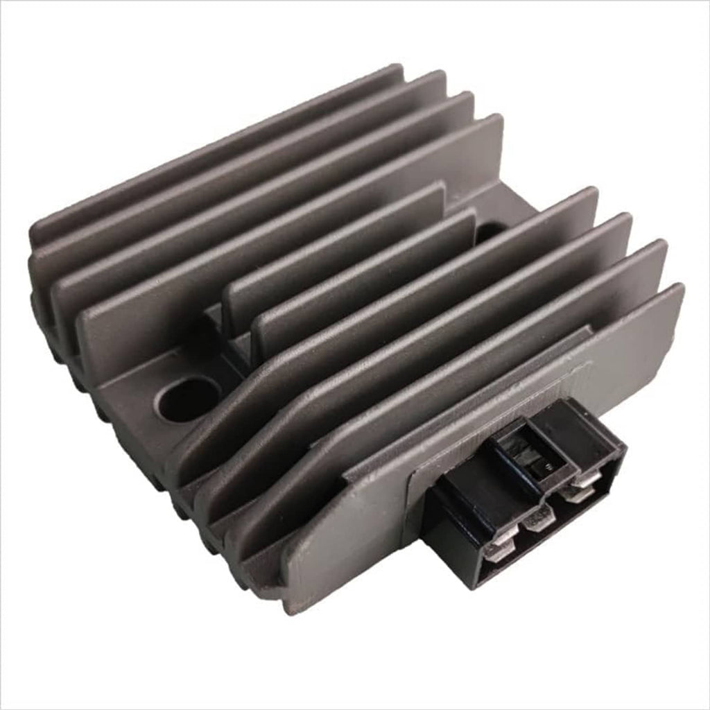Voltage regulator rectifier, gray heat-sink fins with two black electrical ports