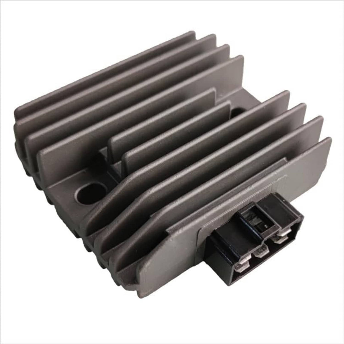 Voltage regulator rectifier, gray heat-sink fins with two black electrical ports