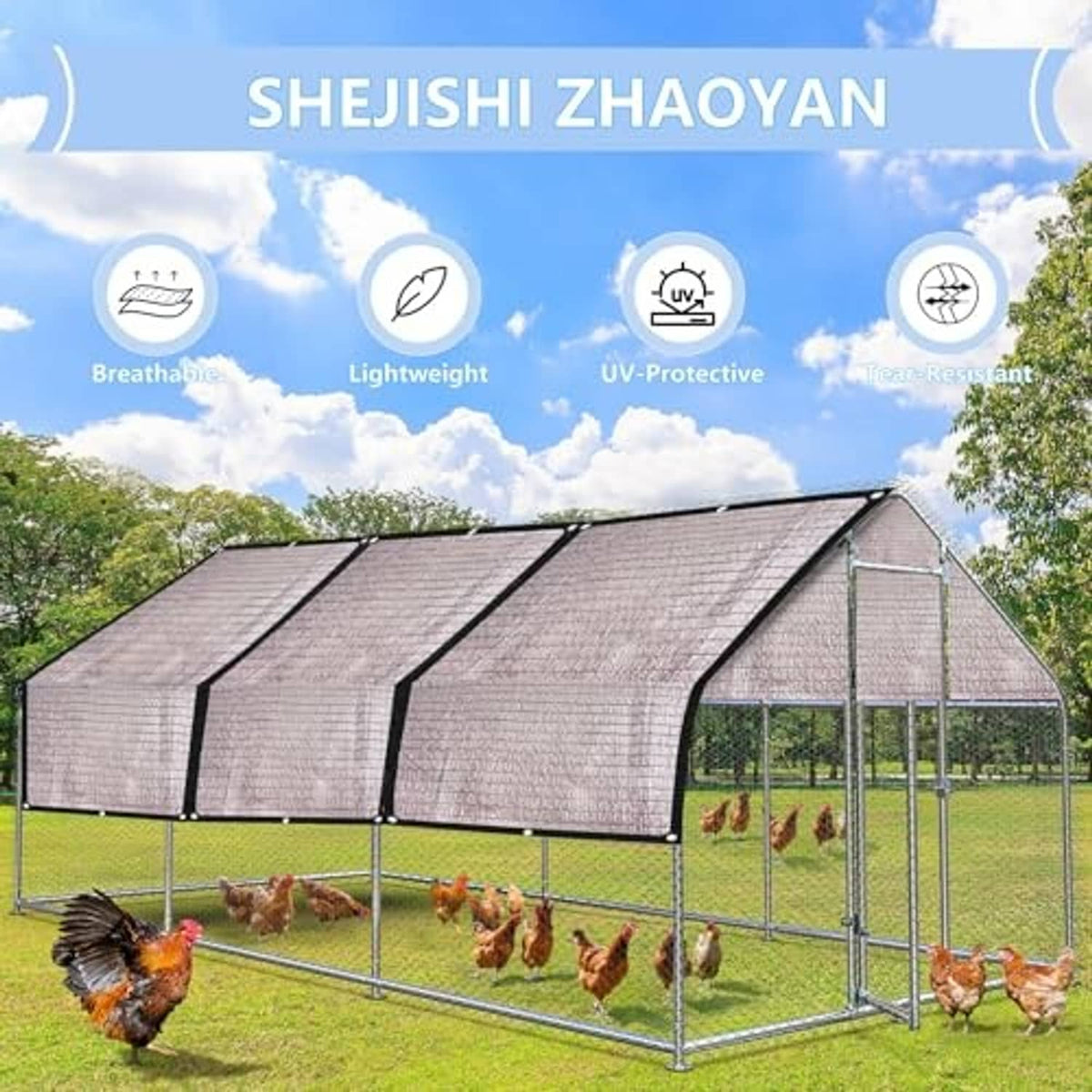 Greenhouse run enclosure covered with silver mesh shade cloth panels for chickens