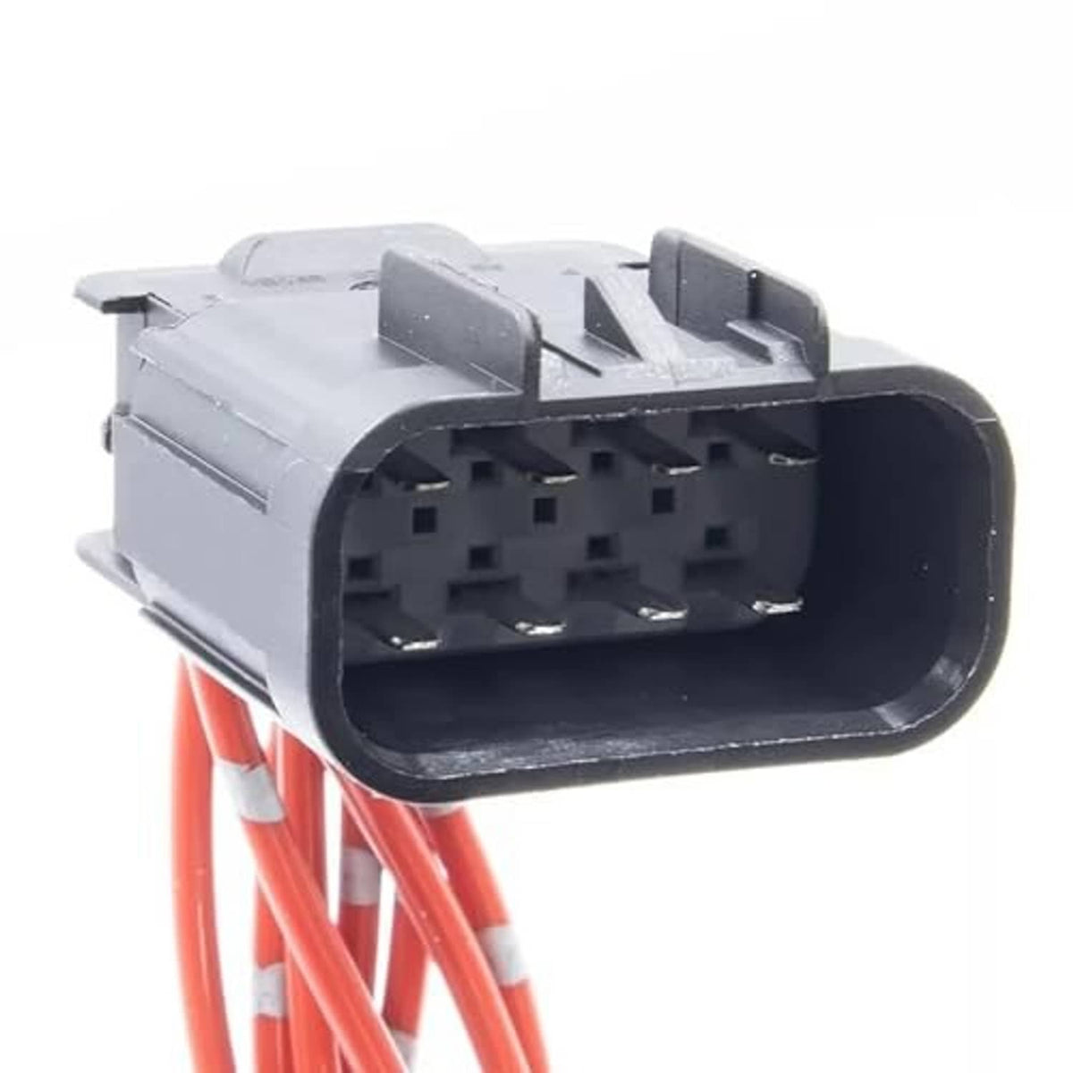 Headlight connector pigtail wire plug with black housing and red wires, front view