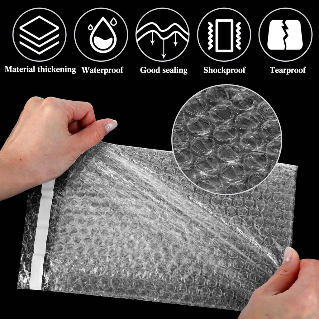 Clear double-wall bubble cushion bag sheet, gripped by hands, air-bubble texture