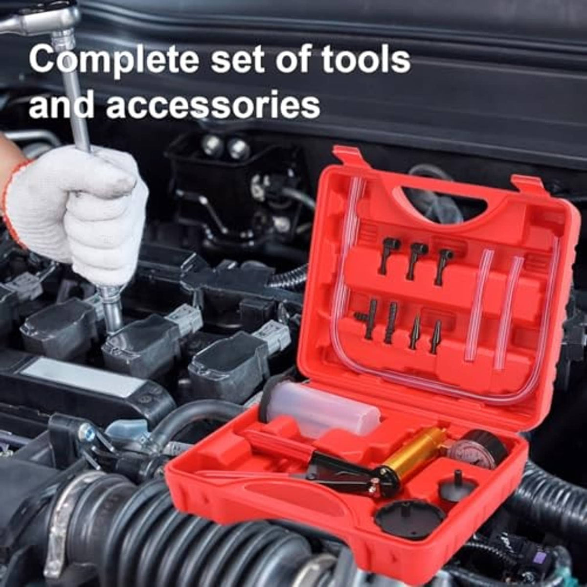 Brake bleeder vacuum pump kit in red case with adapters and pressure gauge by engine