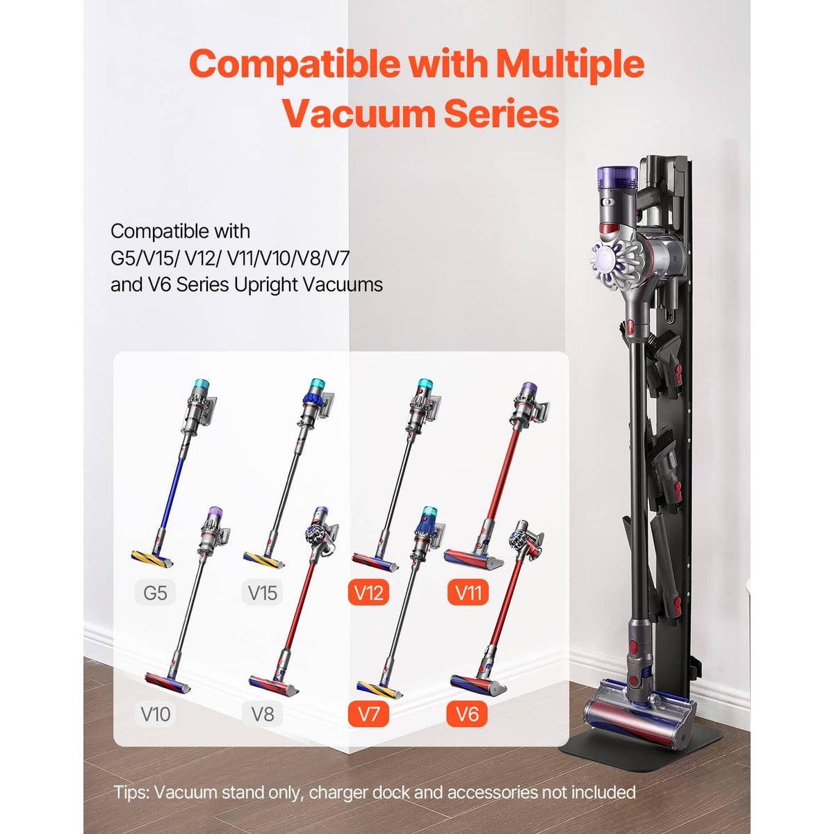Black vacuum stand holder with base and vertical rack for upright vacuum storage