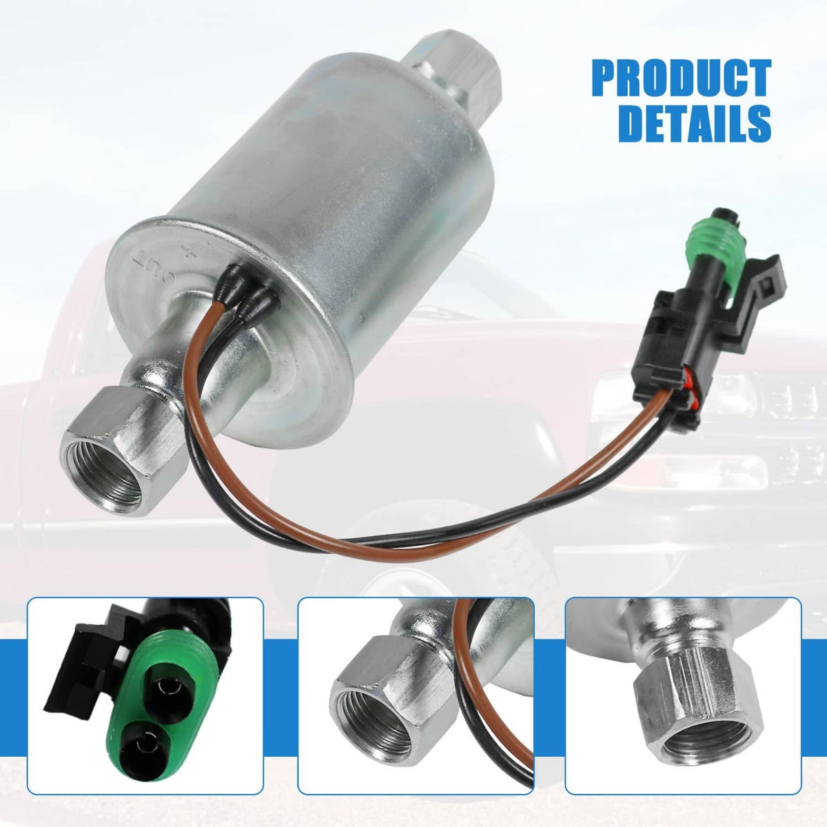Diesel fuel lift pump with cylindrical metal body, green plug, and brown wires