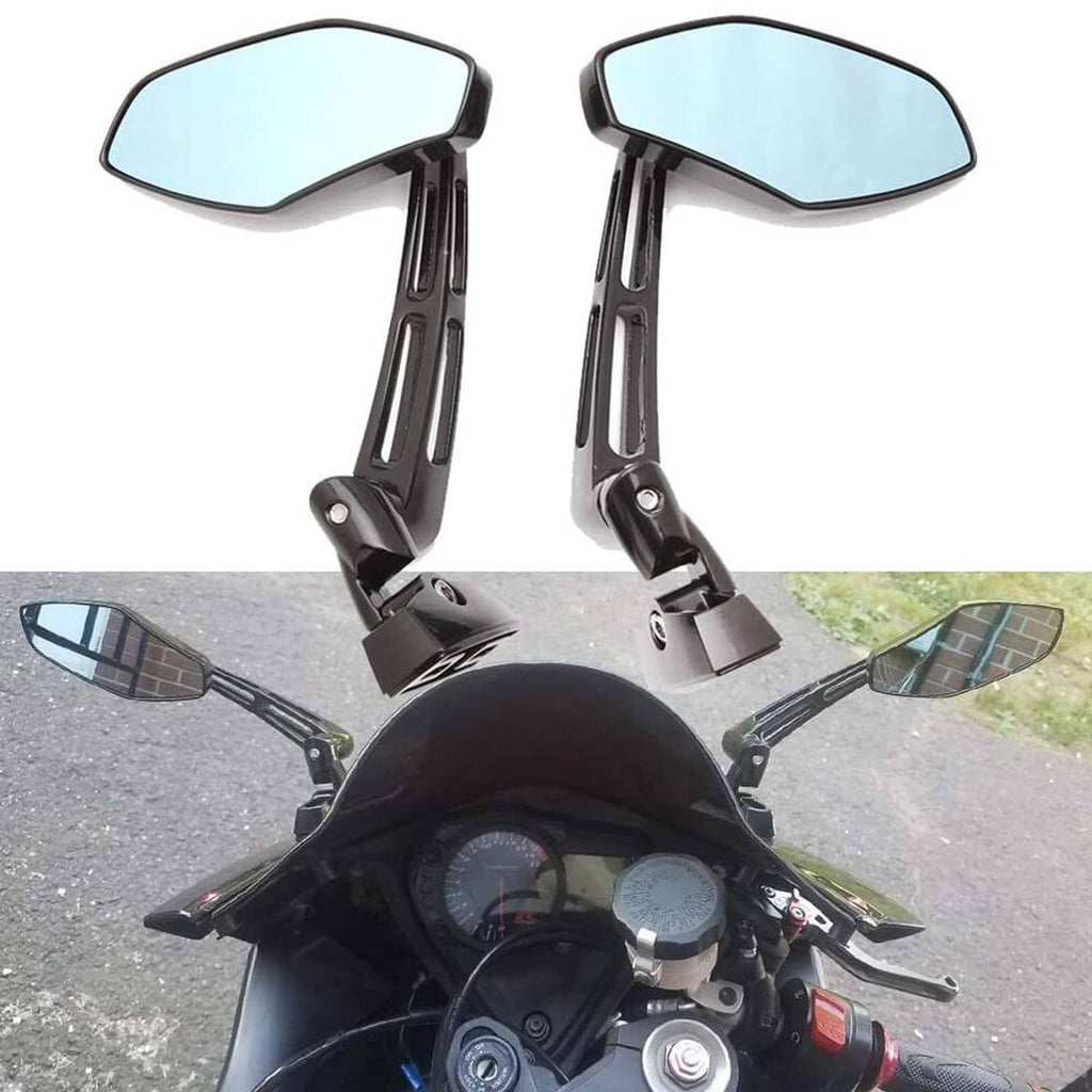 Black motorcycle rearview mirrors with blue-tinted lenses, shown installed near the handlebars
