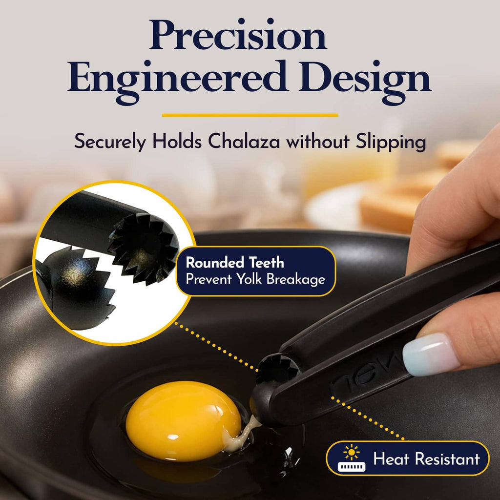 Black egg chalaza remover tool releasing a yellow egg yolk in a frying pan