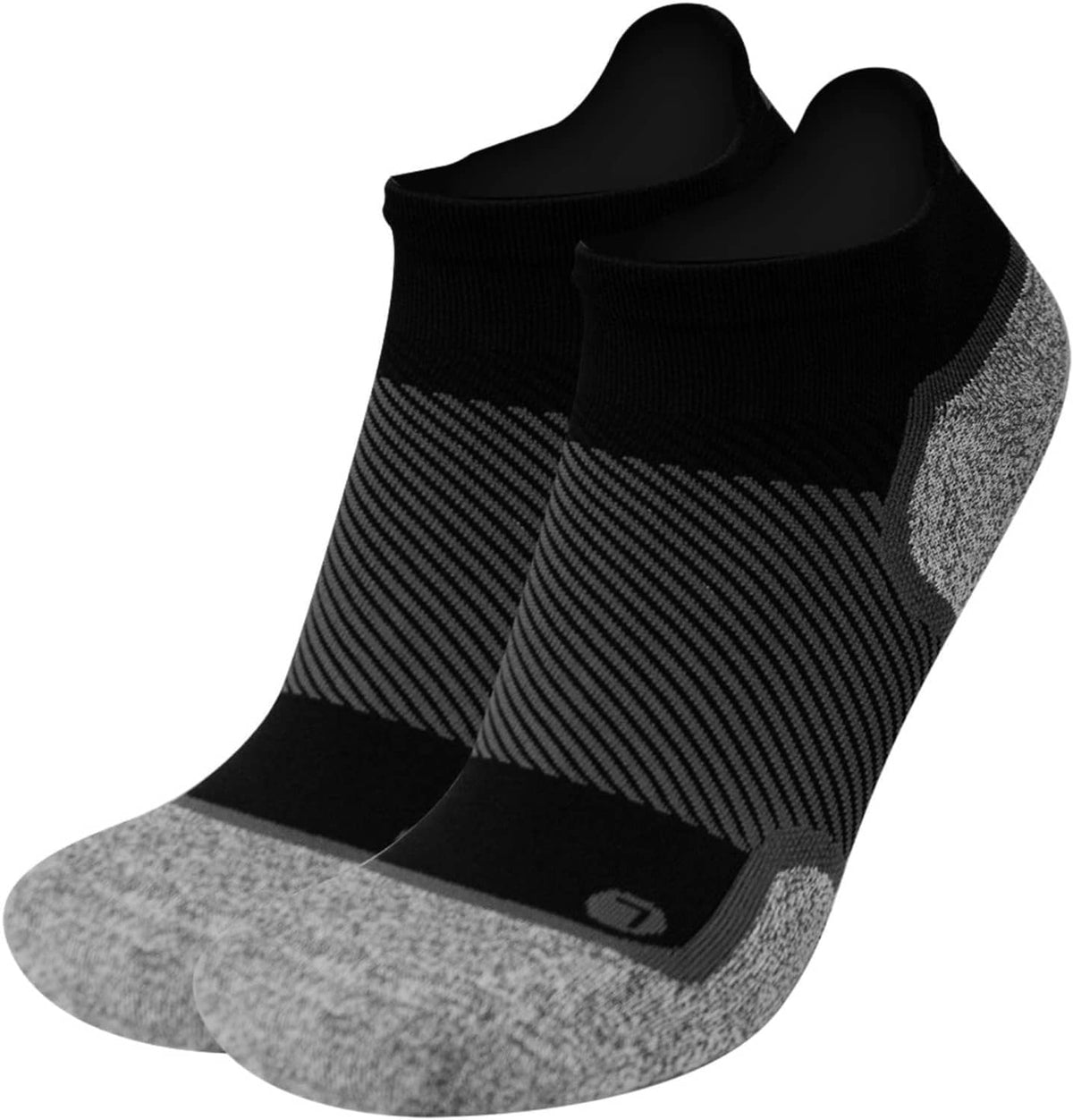 Black no-show wellness socks with gray ribbed panels and cushioned toe/heel