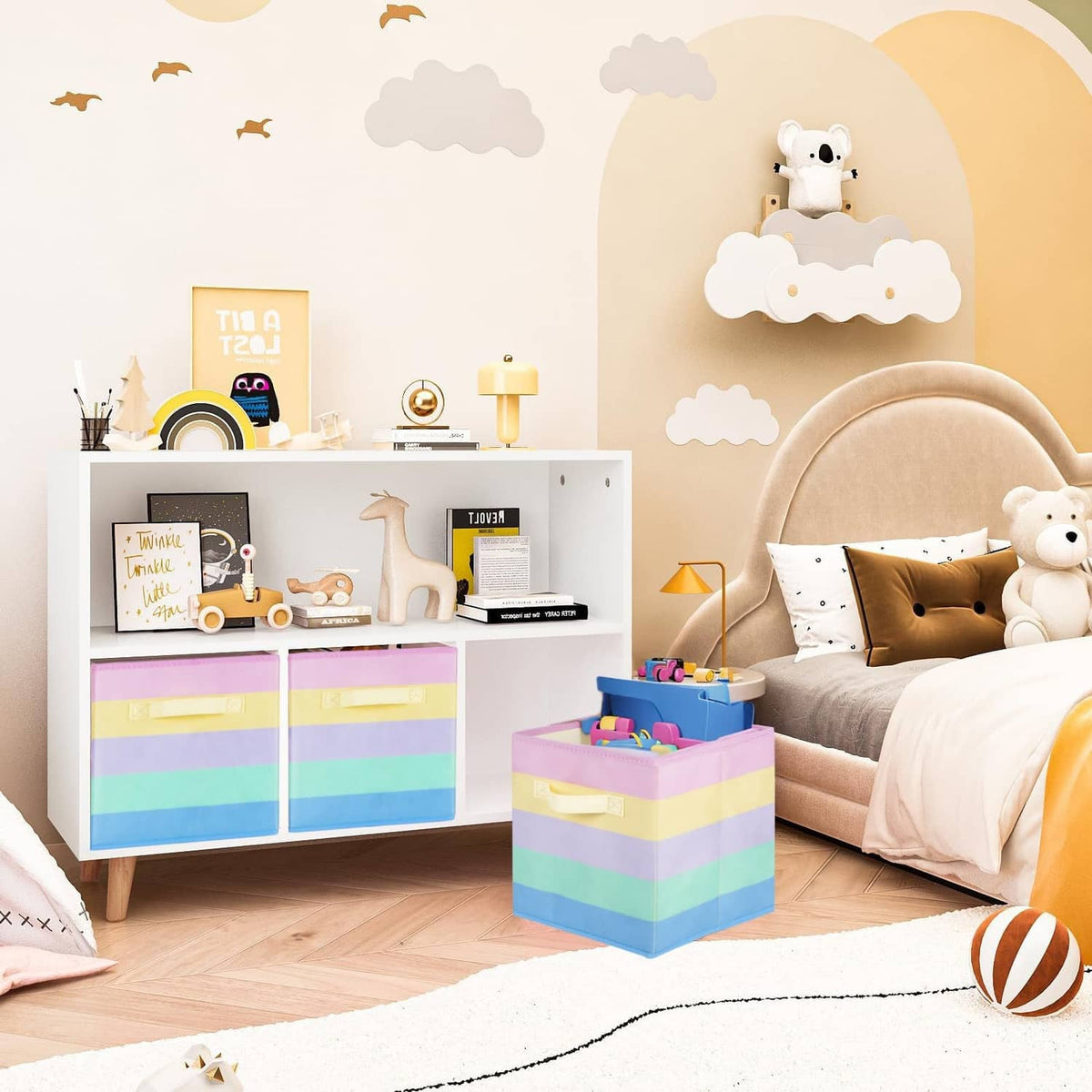 Rainbow foldable fabric storage cube on the floor with an open top