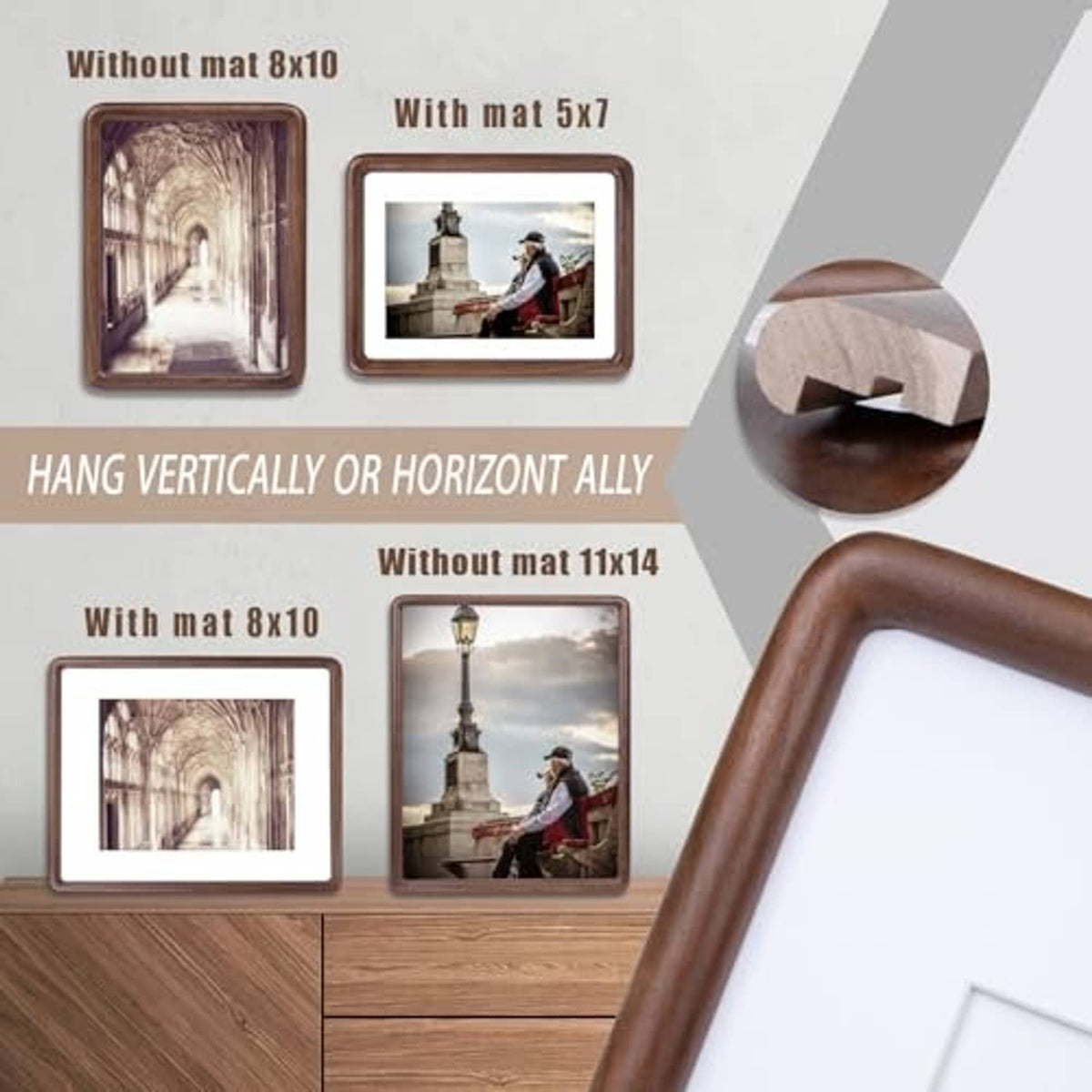 Walnut picture frame set display showing multiple frame sizes in one set