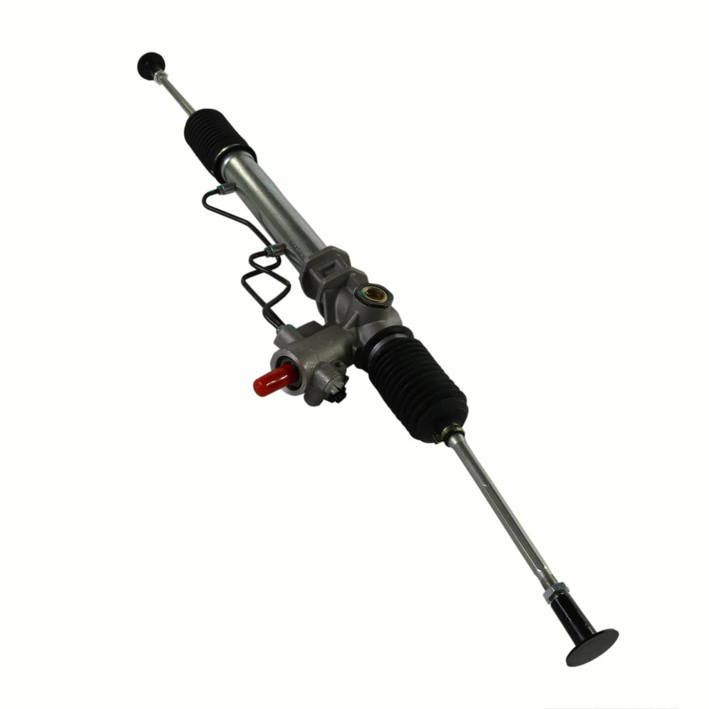Power steering rack and pinion with black rubber boot, gray housing, and red lever
