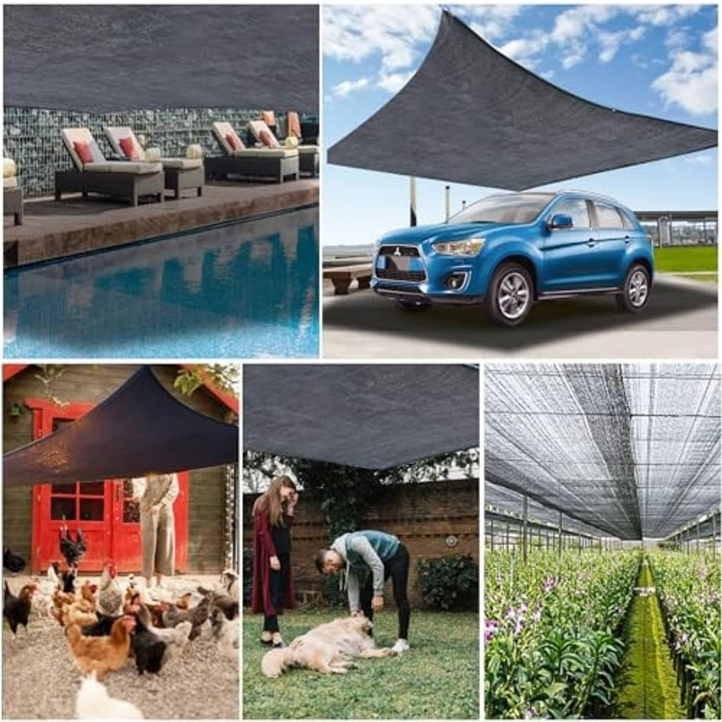Black mesh shade cloth used as cover for patio, vehicles, animals and plants