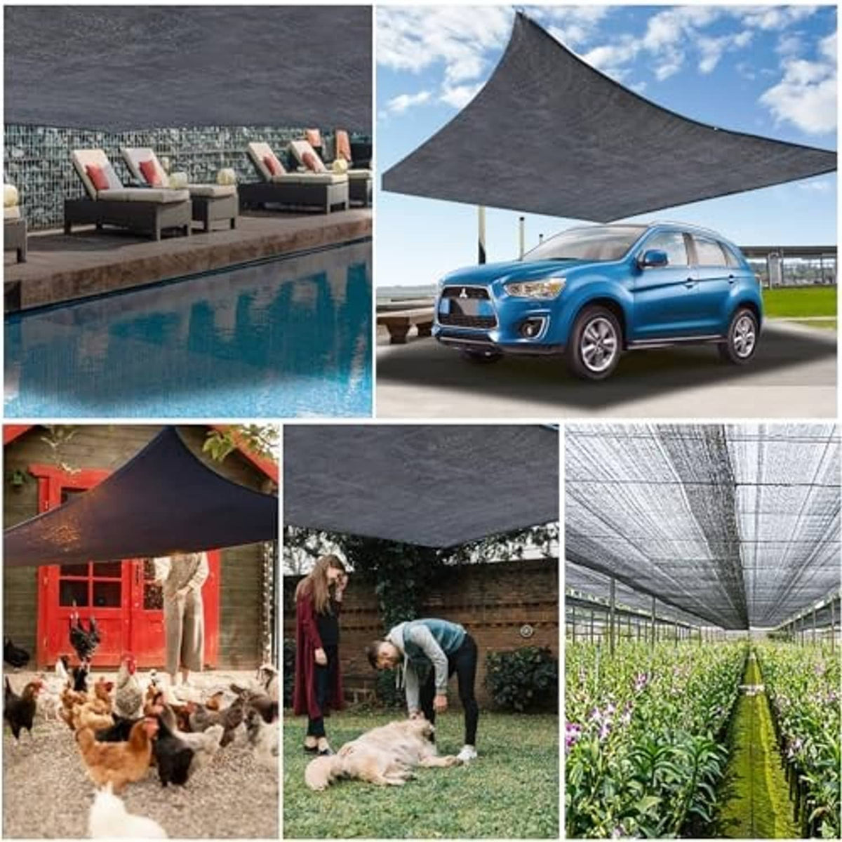 Black mesh shade cloth used as cover for patio, vehicles, animals and plants