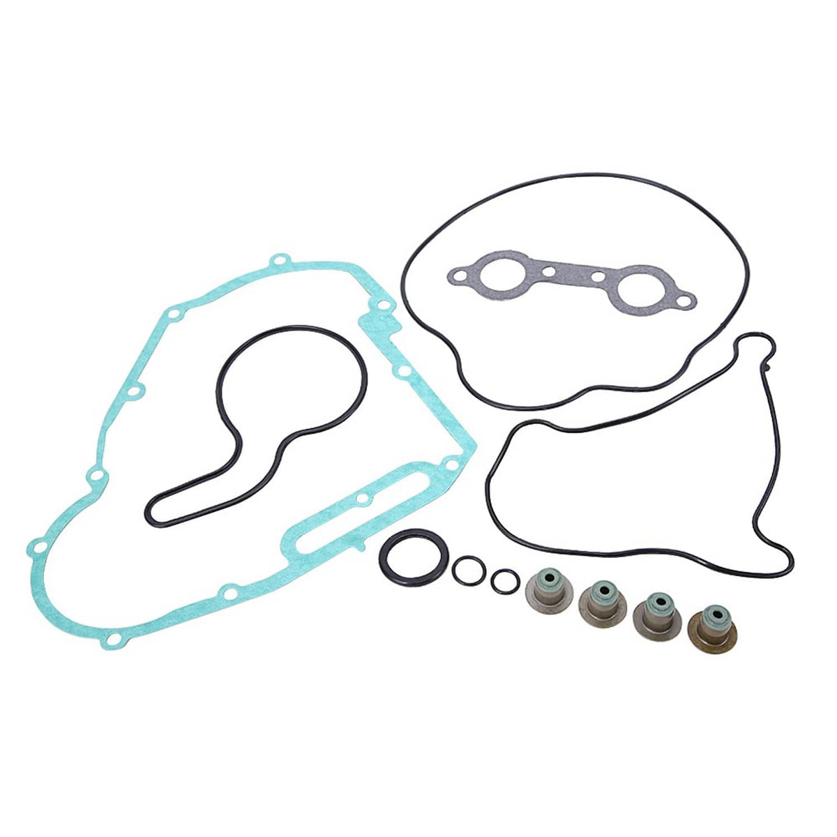 Engine gasket set laid out: blue and black gaskets, thin metal gasket plate, and valve seals