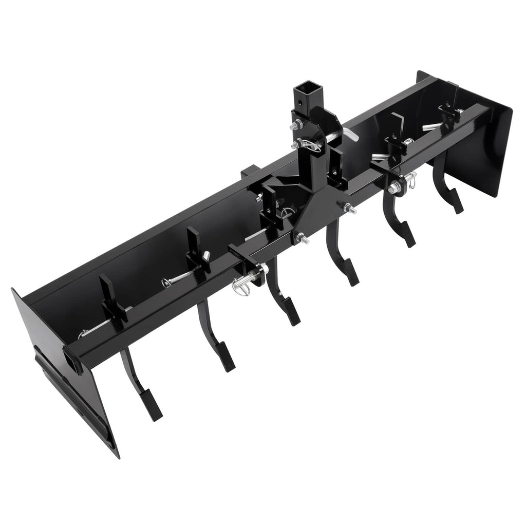 Tow-behind box scraper blade assembly with three-point hitch frame and curved teeth