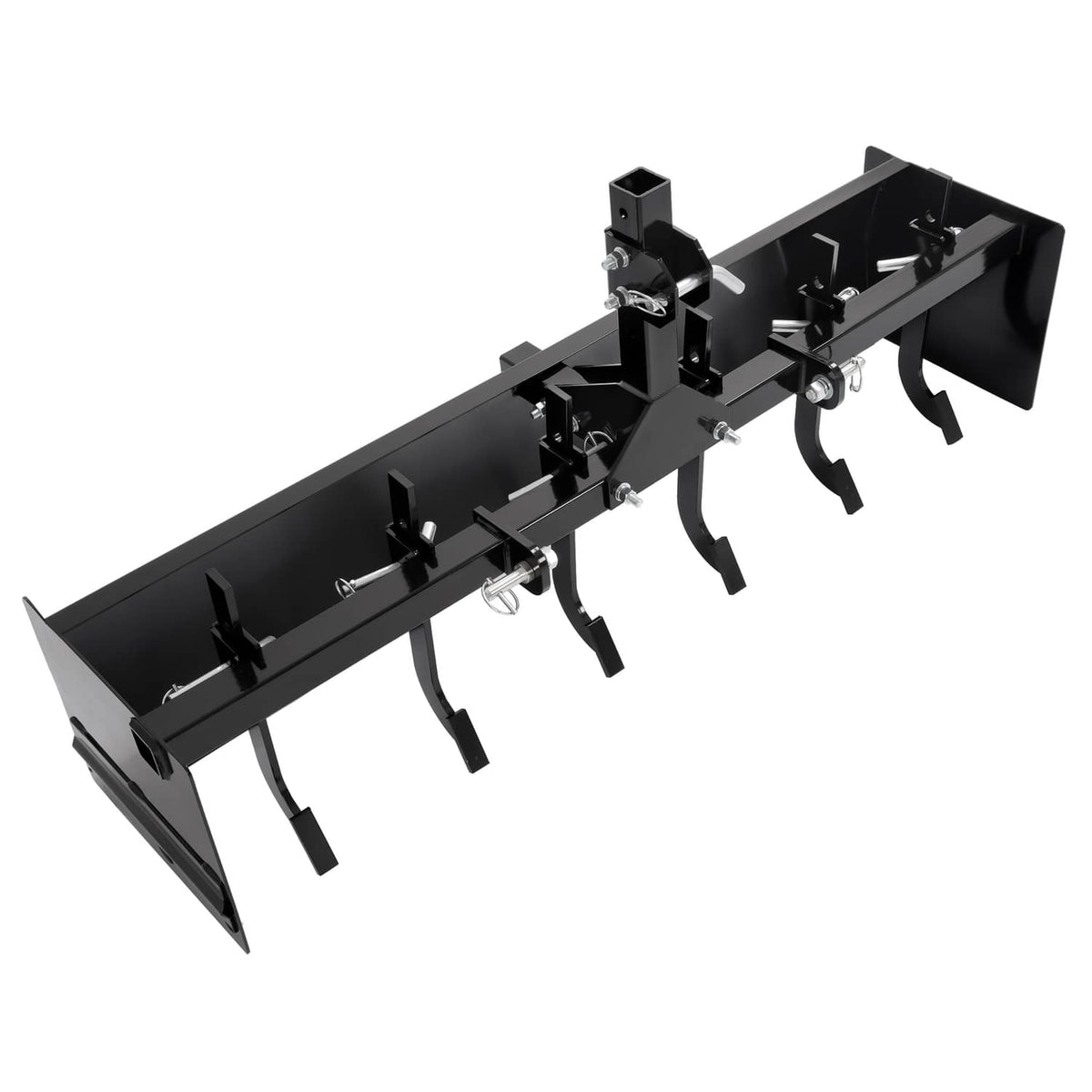 Tow-behind box scraper blade assembly with three-point hitch frame and curved teeth