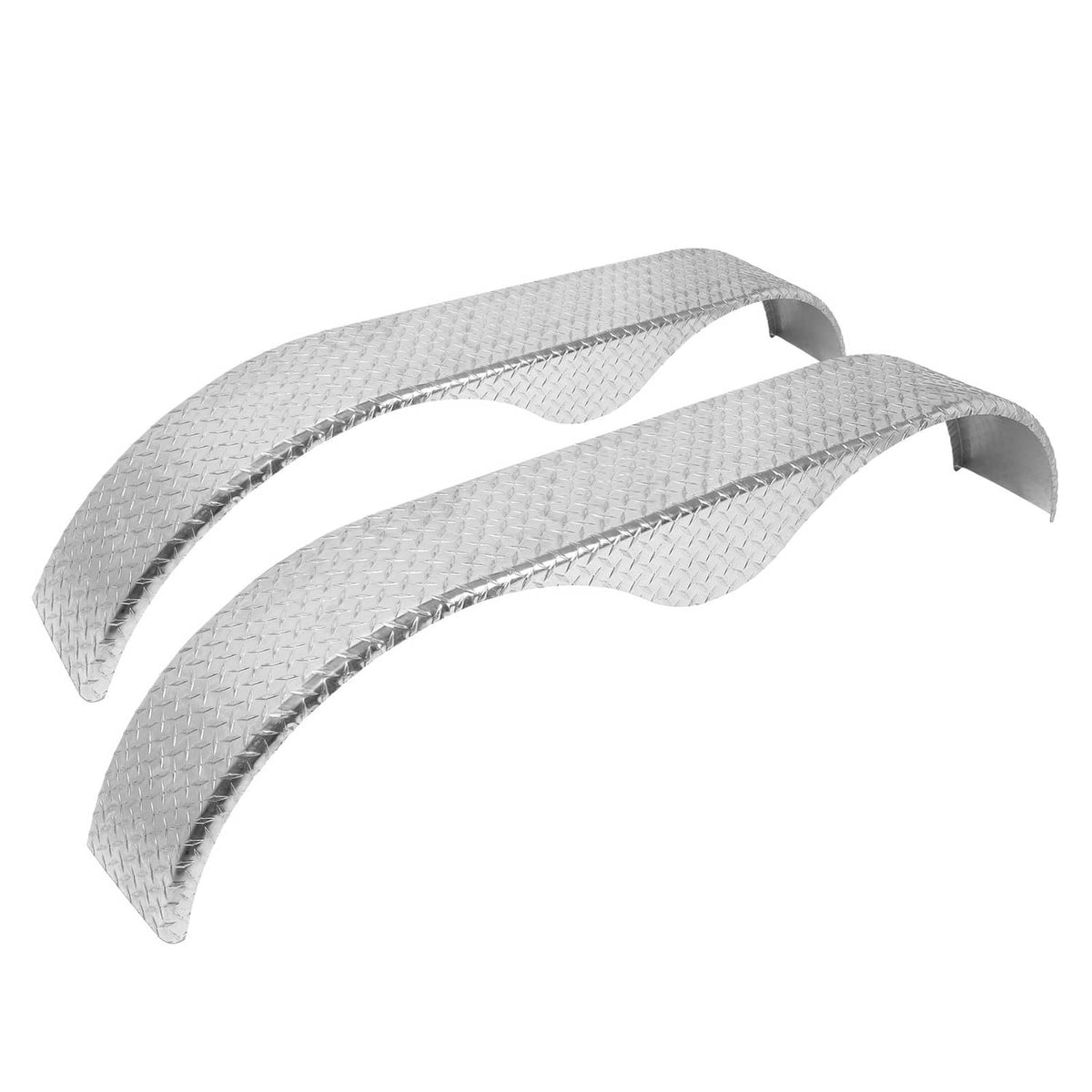 Silver teardrop tread plate tandem trailer fenders, front three-quarter view