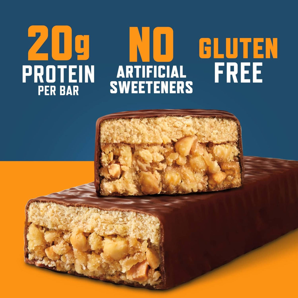 CLIF BUILDERS protein bars showing 20g per bar, no artificial sweeteners, gluten free