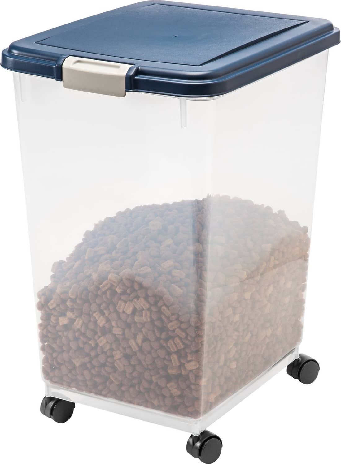 Dog food storage container with blue lid, clear sides, and four caster wheels