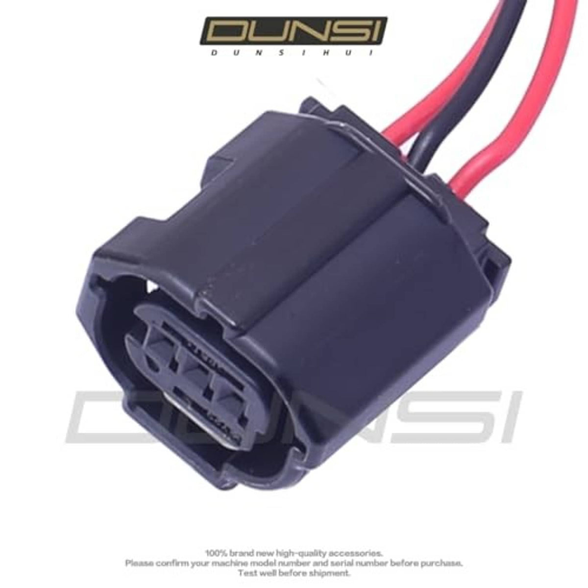 Camshaft sensor connector pigtail, side view of black plastic connector and wiring