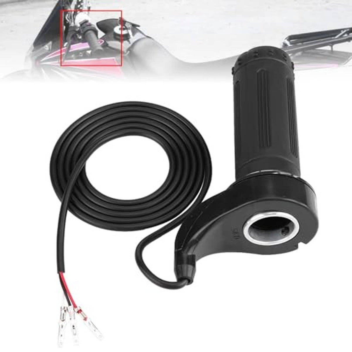 Electric scooter throttle with black grip and coiled wiring harness, round connector port