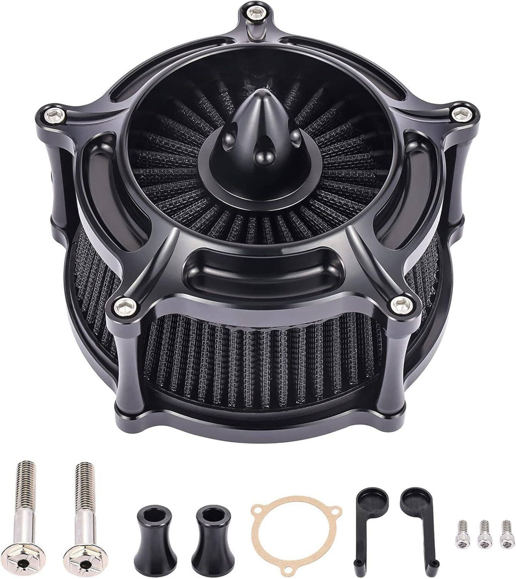 Air cleaner intake filter kit with black pleated filter, screws, and gasket
