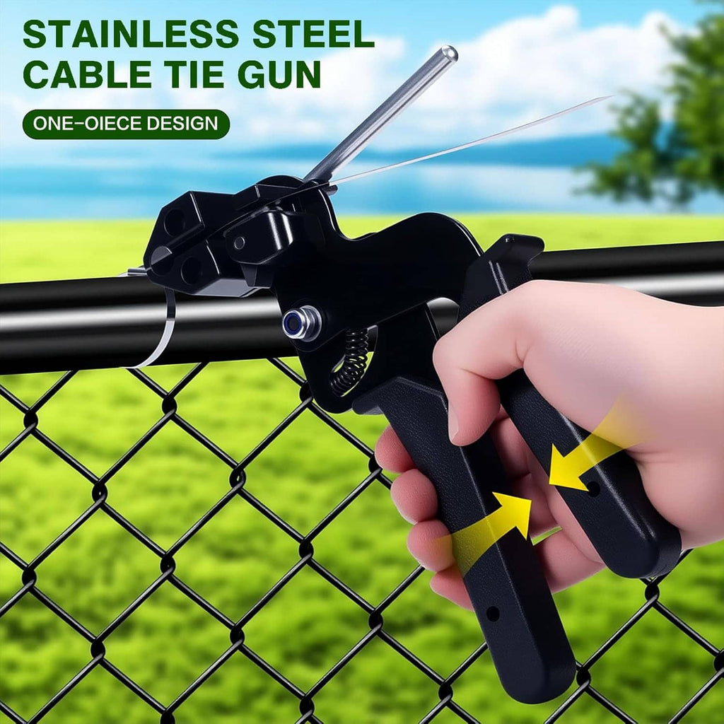 Black cable tie gun held by a hand, tightening a metal zip tie on chain-link fence