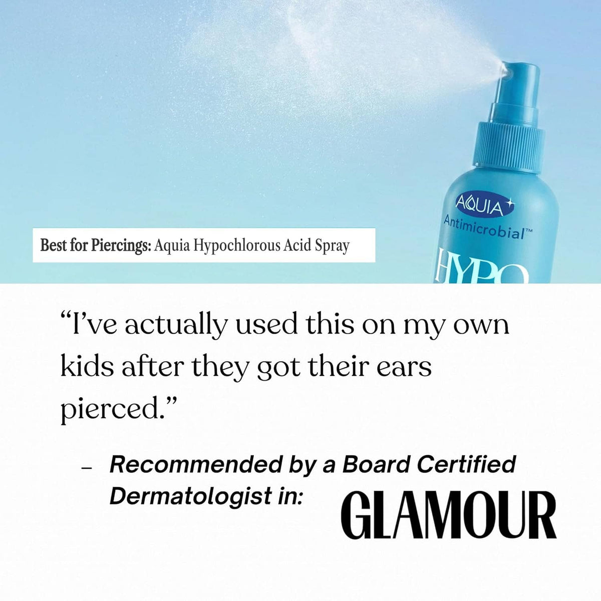 Hypochlorous acid spray bottle with mist nozzle near face, for piercing care