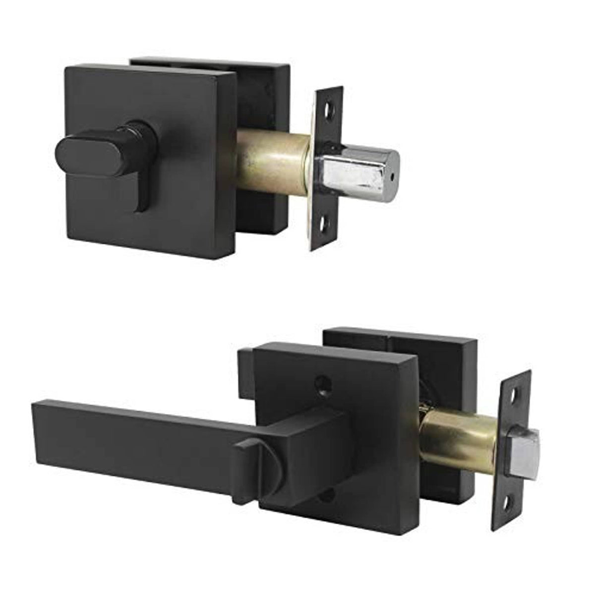 Black square lever and deadbolt assembly with brass cylinder and mounting plates.