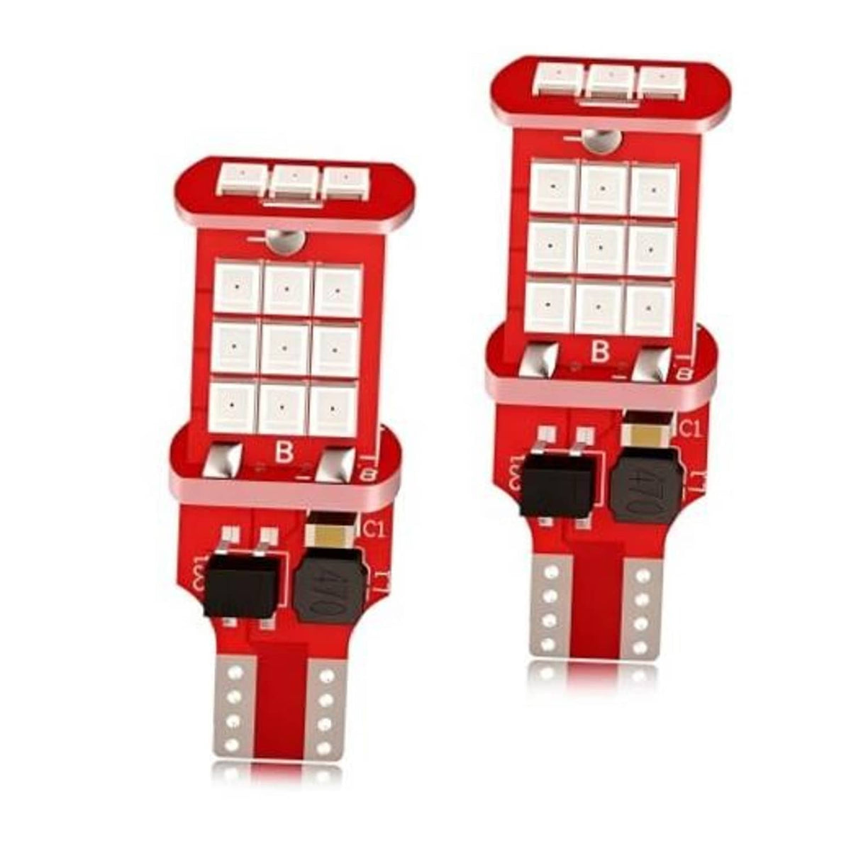 Set of two red LED car brake bulb replacements with white LED chip grid and base
