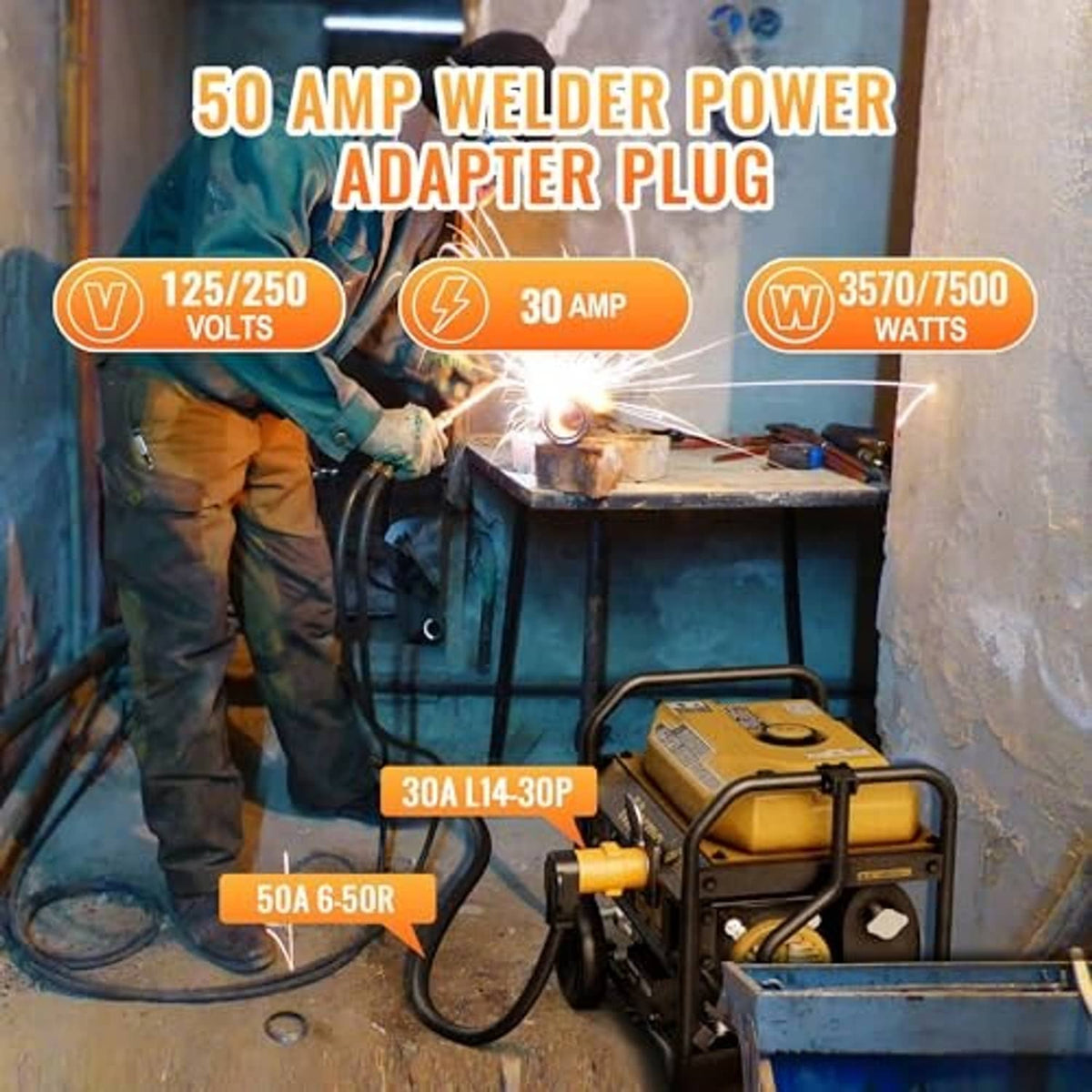 Yellow adapter plug connected to a generator for welder power in outdoor workshop