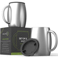 Set of 2 stainless steel insulated coffee mugs with slide-on lid and carry handles