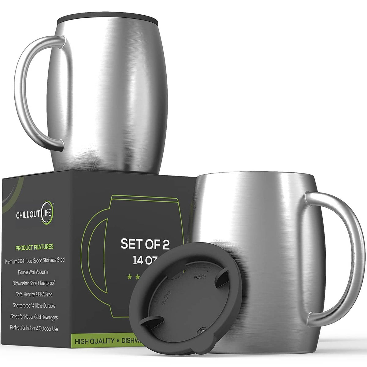 Set of 2 stainless steel insulated coffee mugs with slide-on lid and carry handles