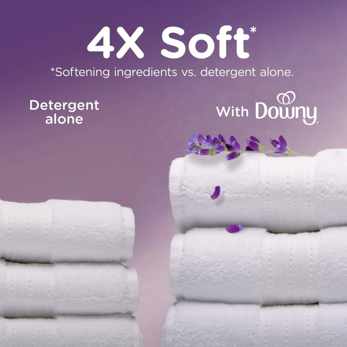 White rolled towels with scattered purple petals for fabric softness
