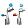 Pair of 90-degree A/C service fittings with female O-ring ports and blue caps