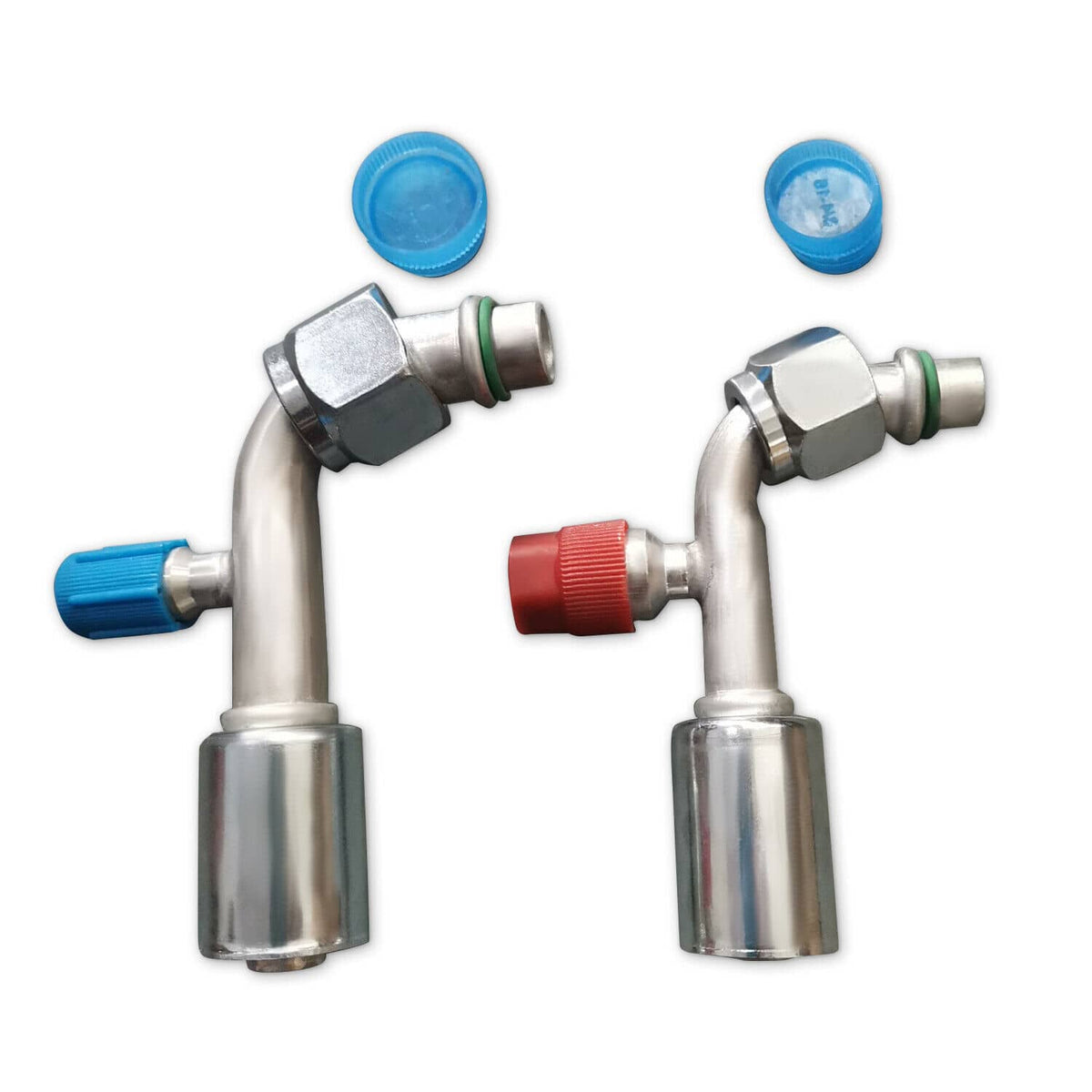 Pair of 90-degree A/C service fittings with female O-ring ports and blue caps