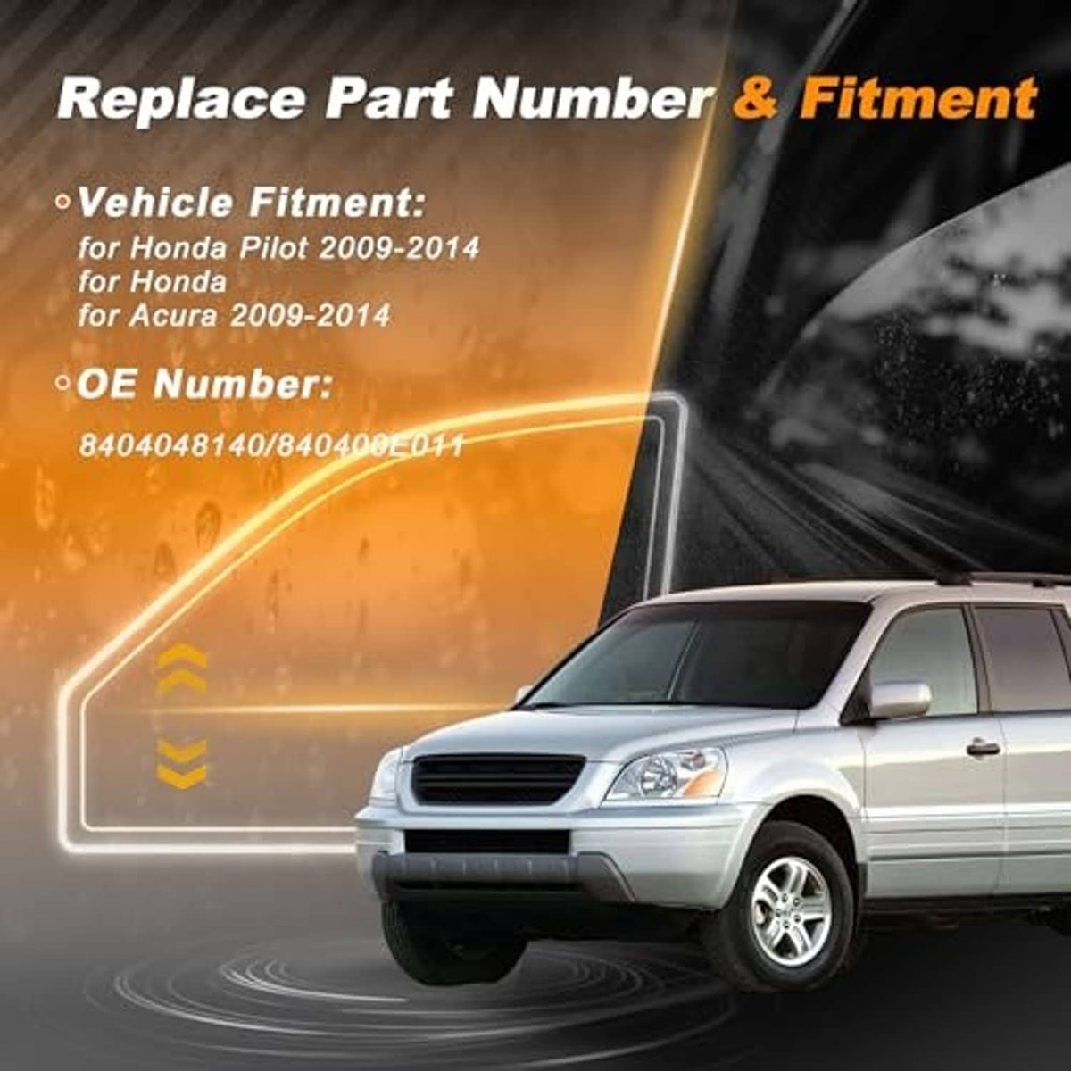 Vehicle fitment graphic with power window switch and car front view, orange overlay