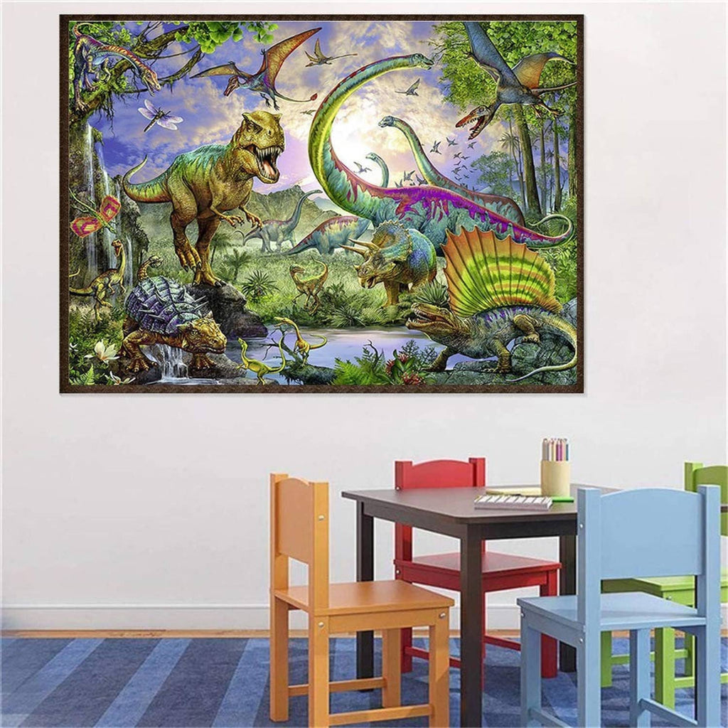 Framed diamond art painting of a colorful dinosaur scene on a rectangular canvas.