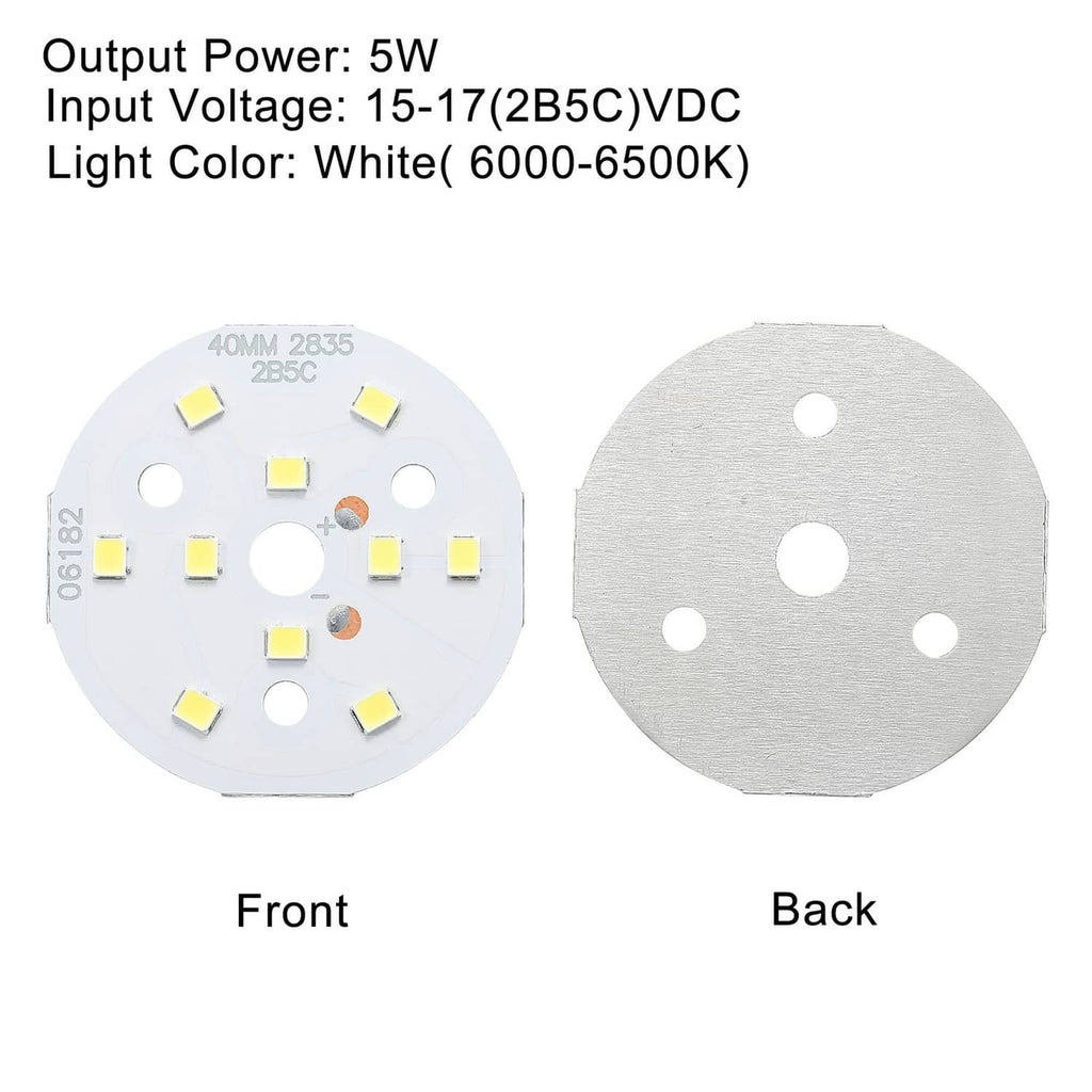 Front and back views of round white LED chip board with SMD LEDs and mounting holes