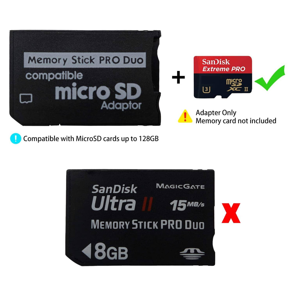 Memory Stick PRO Duo microSD adapter shown with microSD card and “adapter only” note.