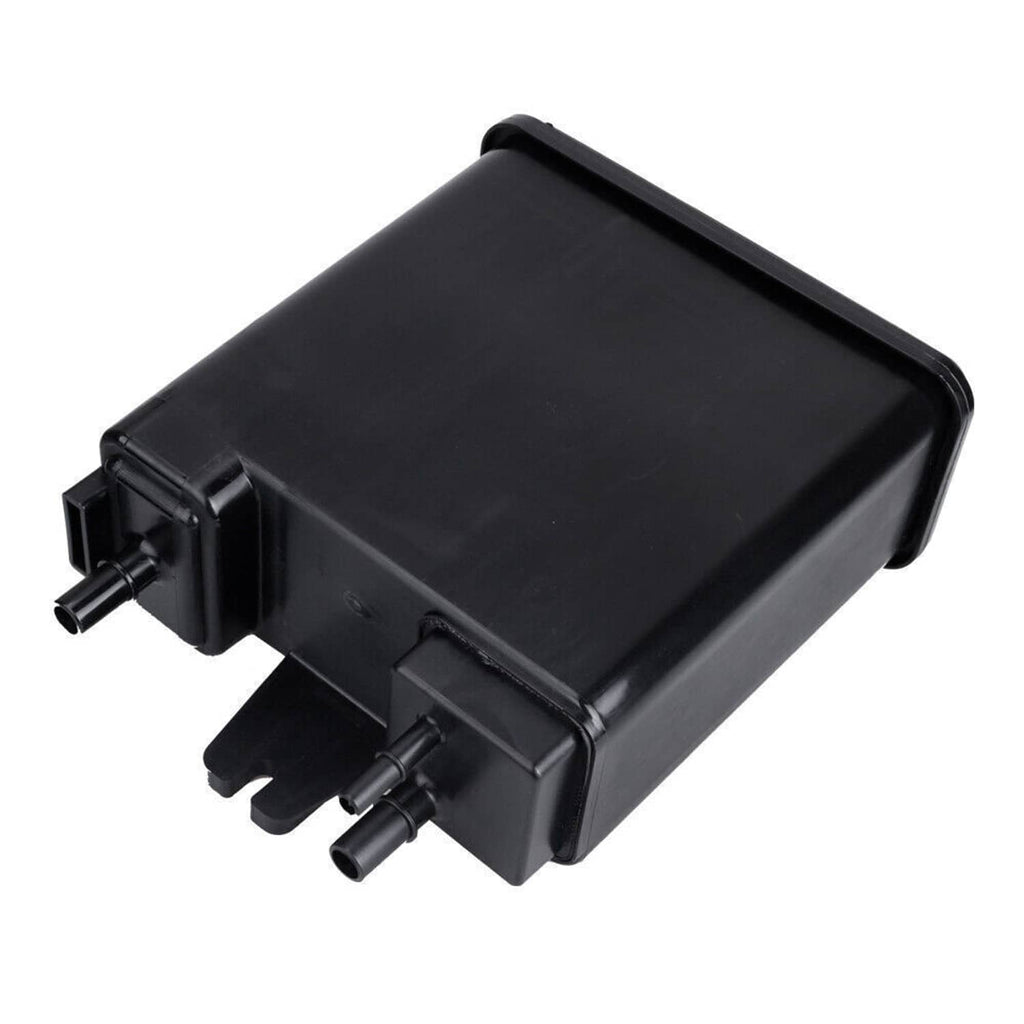 Black EVAP vapor canister angled view with vent outlet and two tube connectors