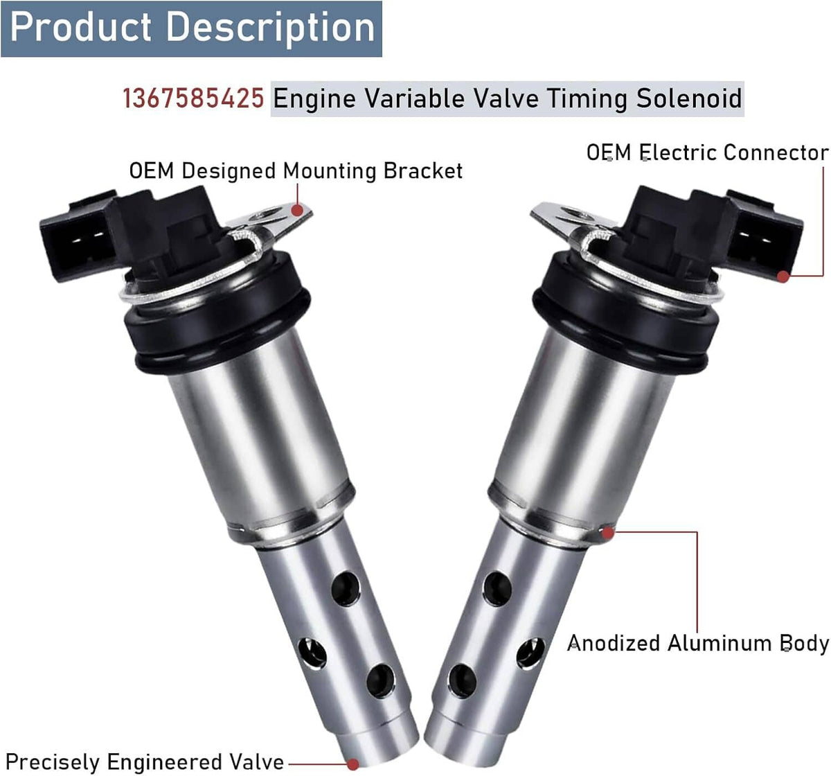 Variable valve timing solenoid pair with mounting bracket and OEM-style electric connector