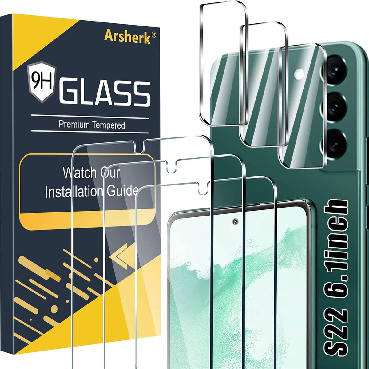 Arshek 9H tempered glass screen protector set for Samsung Galaxy S22 5G (3-pack)