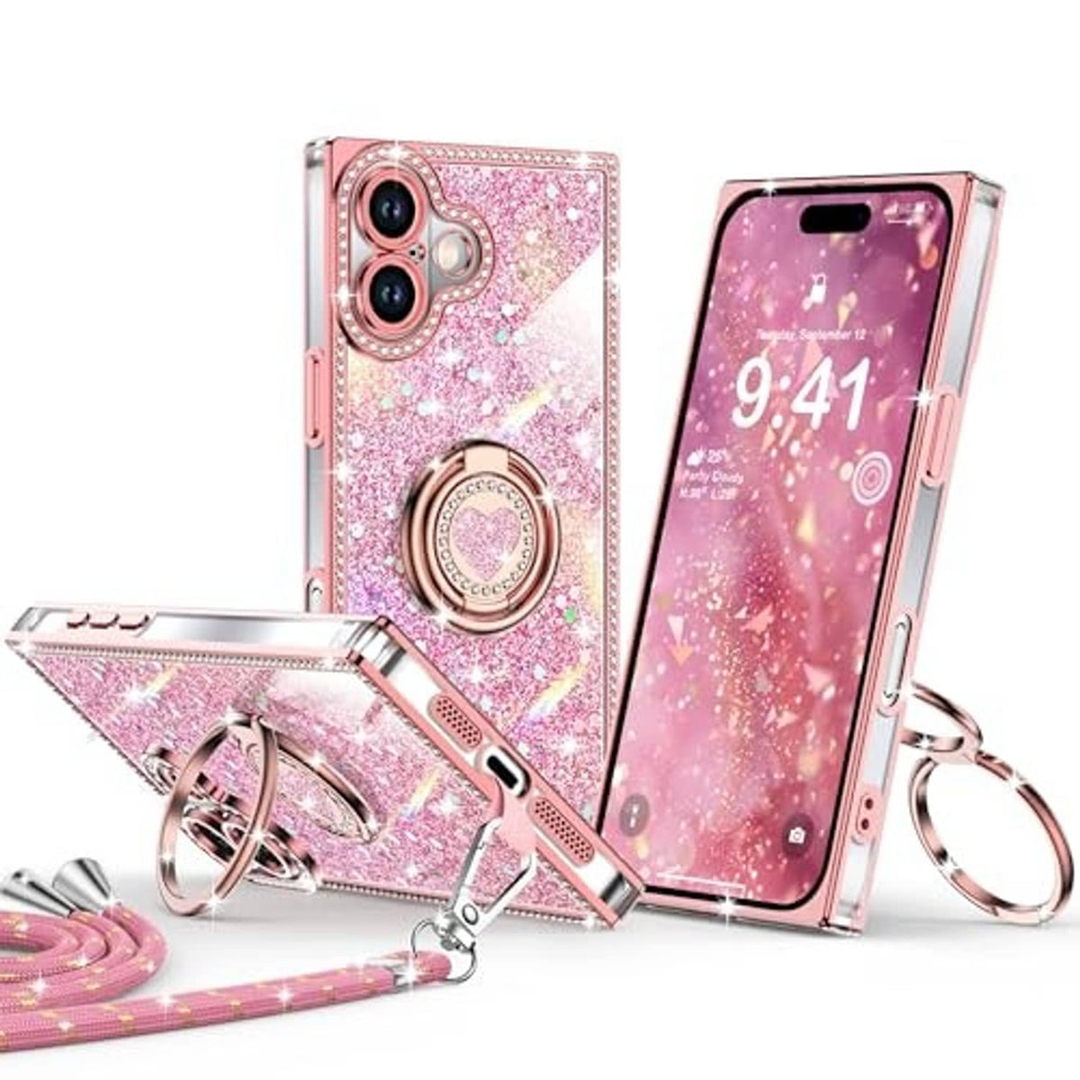 Pink glitter phone case with heart ring holder, lanyard strap, and raised edges
