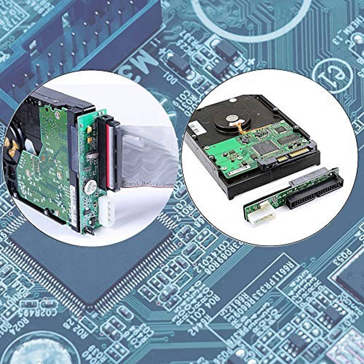 SATA to 40-pin IDE adapter kit with board detail and connector close-ups