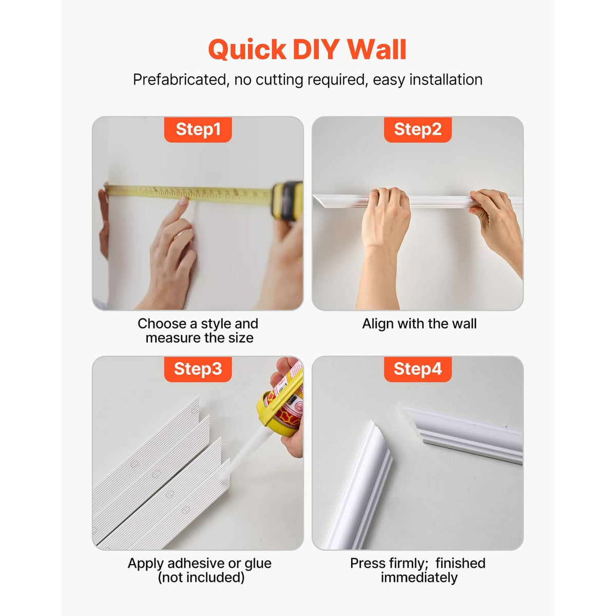 DIY wall molding installation steps showing align and press panels to wall