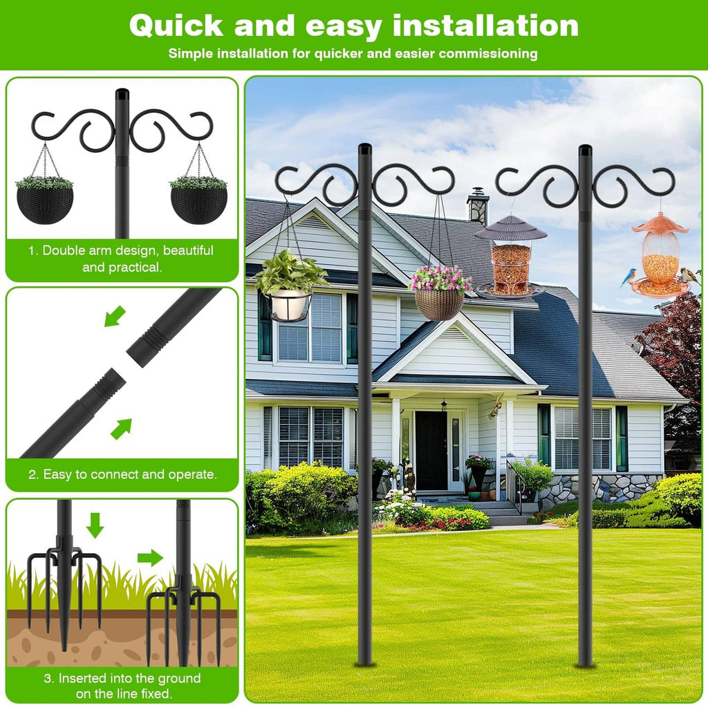 Black double shepherd hook with double-arm design and pointed stakes for ground mounting