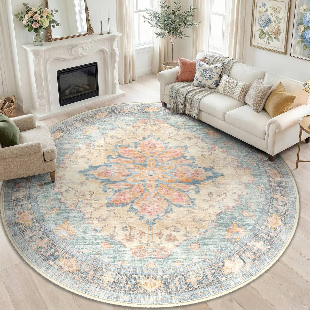 Round washable area rug with blue ground and orange red vintage medallion pattern